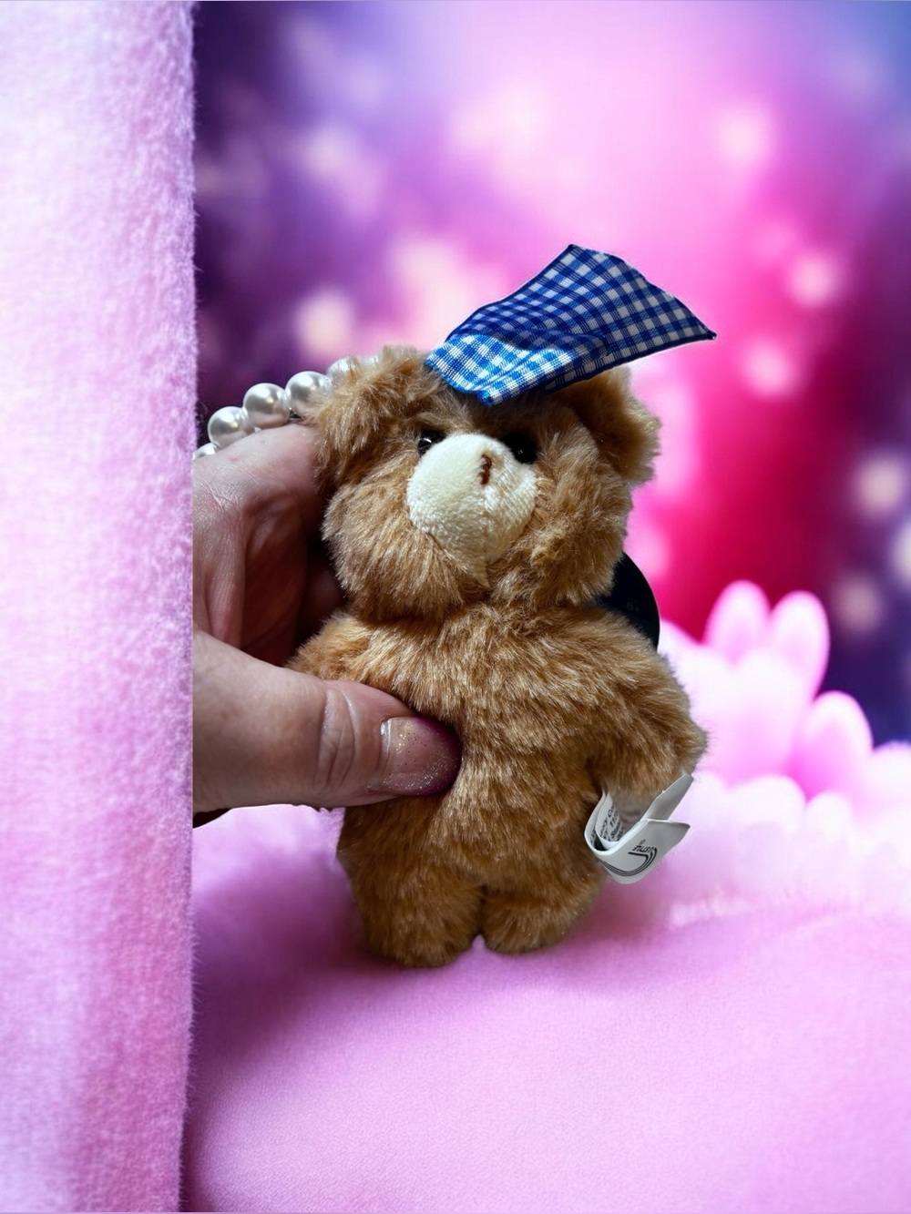 brown teddy bear keychain with blue bow/pink & white lace and pearl chain